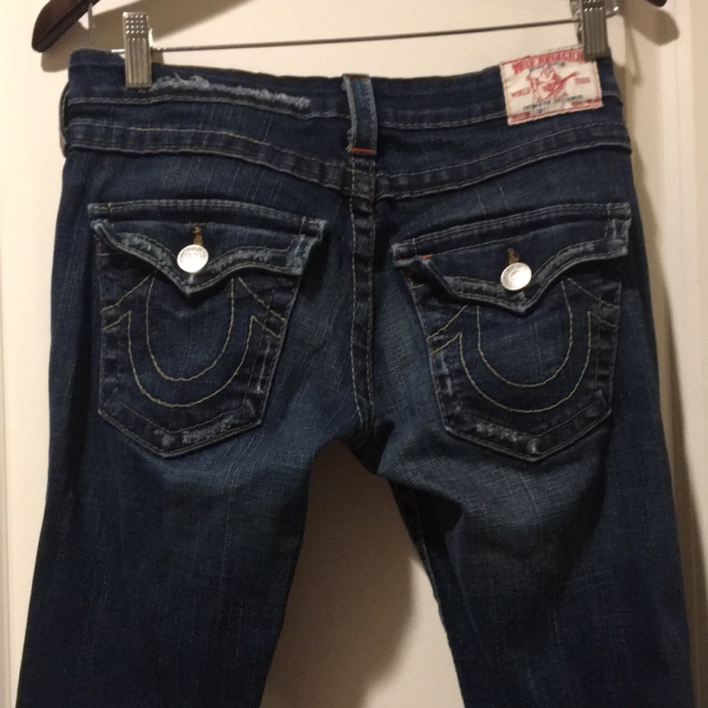 True Religion women Distressed Joey Flare low rise stonewash denim Jeans size 28